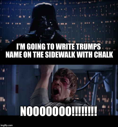 Star Wars No Meme | I'M GOING TO WRITE TRUMPS NAME ON THE SIDEWALK WITH CHALK; NOOOOOOO!!!!!!!! | image tagged in memes,star wars no | made w/ Imgflip meme maker