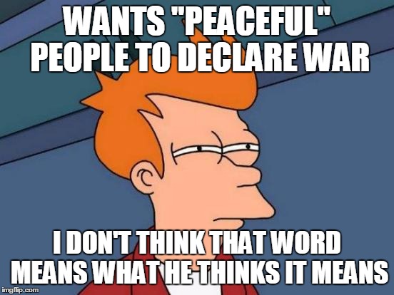 WANTS "PEACEFUL" PEOPLE TO DECLARE WAR I DON'T THINK THAT WORD MEANS WHAT HE THINKS IT MEANS | image tagged in memes,futurama fry | made w/ Imgflip meme maker