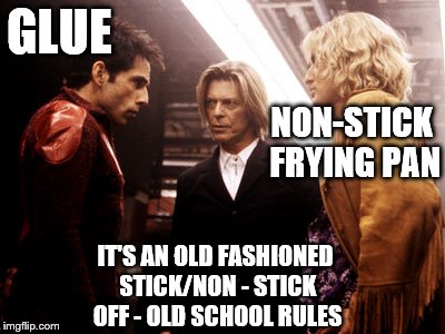 zoolander walk off | GLUE NON-STICK FRYING PAN IT'S AN OLD FASHIONED STICK/NON - STICK OFF - OLD SCHOOL RULES | image tagged in zoolander walk off | made w/ Imgflip meme maker