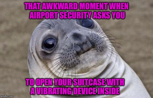 Awkward Moment Sealion Meme | THAT AWKWARD MOMENT WHEN AIRPORT SECURITY ASKS YOU; TO OPEN YOUR SUITCASE WITH A VIBRATING DEVICE INSIDE | image tagged in memes,awkward moment sealion | made w/ Imgflip meme maker