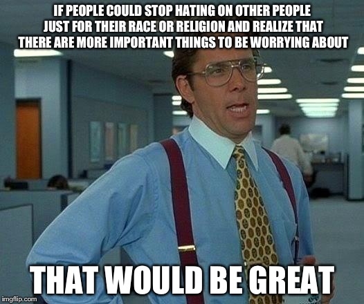 That would be great | IF PEOPLE COULD STOP HATING ON OTHER PEOPLE JUST FOR THEIR RACE OR RELIGION AND REALIZE THAT THERE ARE MORE IMPORTANT THINGS TO BE WORRYING ABOUT; THAT WOULD BE GREAT | image tagged in memes,that would be great | made w/ Imgflip meme maker
