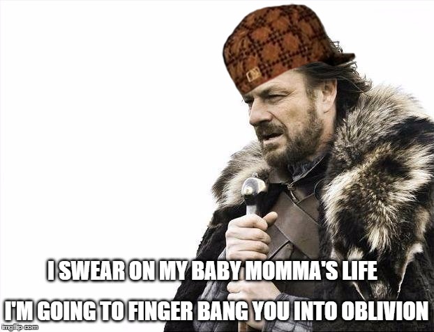 Lord of the Fingerbang | I SWEAR ON MY BABY MOMMA'S LIFE; I'M GOING TO FINGER BANG YOU INTO OBLIVION | image tagged in memes,brace yourselves x is coming,scumbag,finger bang,baby momma,funny | made w/ Imgflip meme maker