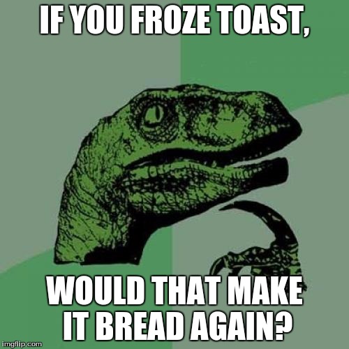 Philosoraptor | IF YOU FROZE TOAST, WOULD THAT MAKE IT BREAD AGAIN? | image tagged in memes,philosoraptor | made w/ Imgflip meme maker