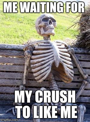Waiting Skeleton Meme | ME WAITING FOR; MY CRUSH TO LIKE ME | image tagged in memes,waiting skeleton | made w/ Imgflip meme maker