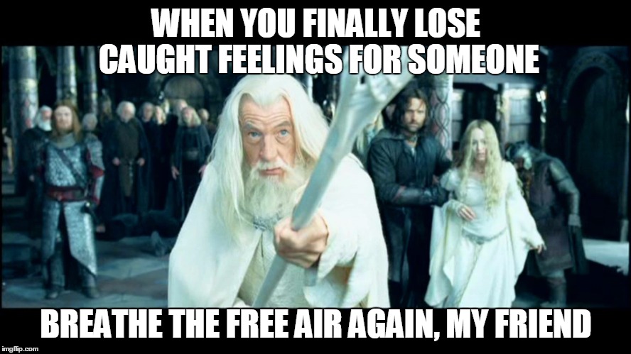 Breathe the free air again | WHEN YOU FINALLY LOSE CAUGHT FEELINGS FOR SOMEONE; BREATHE THE FREE AIR AGAIN, MY FRIEND | image tagged in lord of the rings | made w/ Imgflip meme maker
