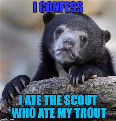 Confession Bear | I CONFESS; I ATE THE SCOUT WHO ATE MY TROUT | image tagged in memes,confession bear | made w/ Imgflip meme maker