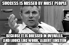 SUCCESS IS MISSED BY MOST PEOPLE; BECAUSE IT IS DRESSED IN OVERALLS AND LOOKS LIKE WORK.  ALBERT EINSTEIN | image tagged in john penton | made w/ Imgflip meme maker