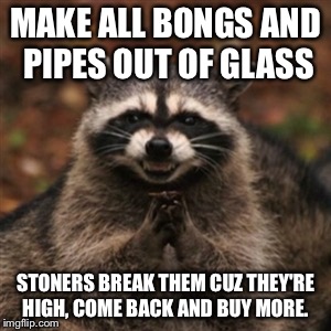 Evil plotting raccoon  | MAKE ALL BONGS AND PIPES OUT OF GLASS; STONERS BREAK THEM CUZ THEY'RE HIGH, COME BACK AND BUY MORE. | image tagged in evil plotting raccoon,AdviceAnimals | made w/ Imgflip meme maker