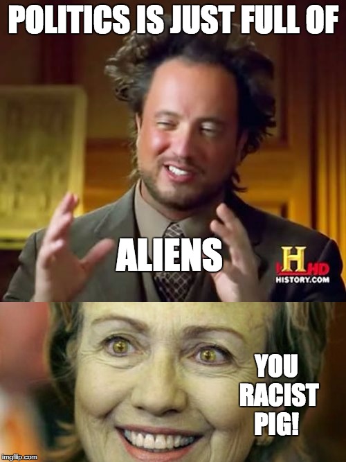 POLITICS IS JUST FULL OF; ALIENS; YOU RACIST PIG! | image tagged in aliens | made w/ Imgflip meme maker