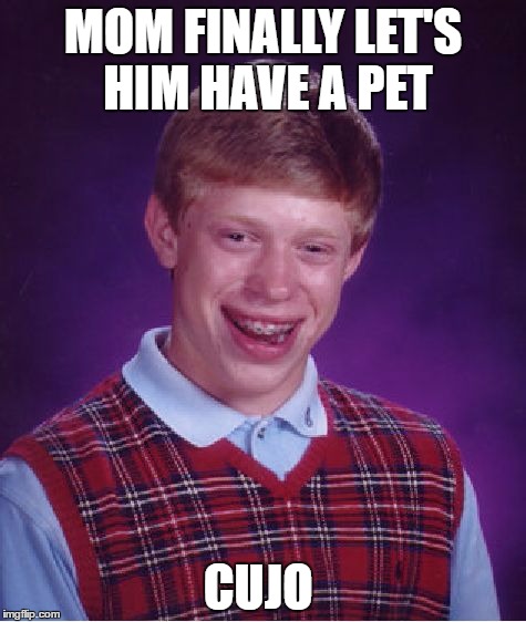 Bad Luck Brian Meme | MOM FINALLY LET'S HIM HAVE A PET; CUJO | image tagged in memes,bad luck brian | made w/ Imgflip meme maker