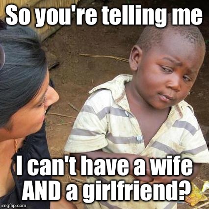 Third World Skeptical Kid Meme | So you're telling me; I can't have a wife AND a girlfriend? | image tagged in memes,third world skeptical kid | made w/ Imgflip meme maker