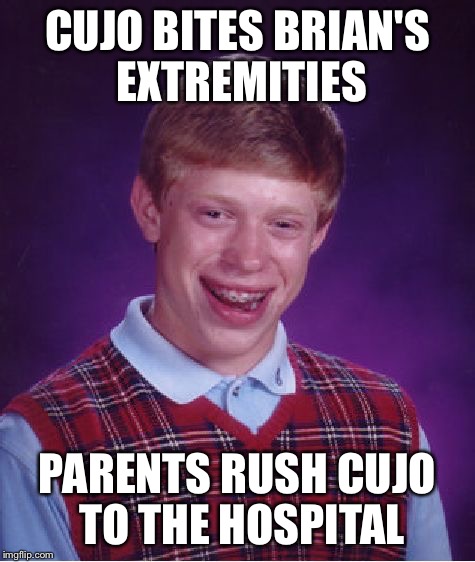 Bad Luck Brian Meme | CUJO BITES BRIAN'S EXTREMITIES PARENTS RUSH CUJO TO THE HOSPITAL | image tagged in memes,bad luck brian | made w/ Imgflip meme maker