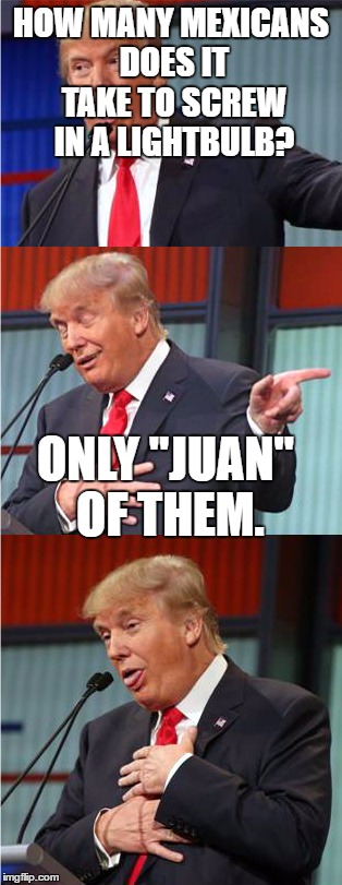 Bad Pun Trump | HOW MANY MEXICANS DOES IT TAKE TO SCREW IN A LIGHTBULB? ONLY "JUAN" OF THEM. | image tagged in bad pun trump | made w/ Imgflip meme maker