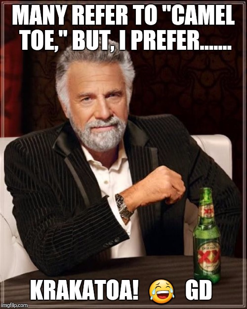 The Most Interesting Man In The World | MANY REFER TO "CAMEL TOE," BUT, I PREFER....... KRAKATOA!  😂  GD | image tagged in memes,the most interesting man in the world | made w/ Imgflip meme maker