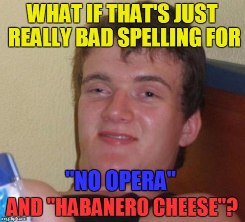 10 Guy Meme | WHAT IF THAT'S JUST REALLY BAD SPELLING FOR AND "HABANERO CHEESE"? "NO OPERA" | image tagged in memes,10 guy | made w/ Imgflip meme maker