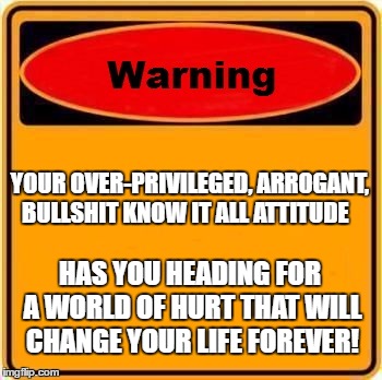 Warning Sign | YOUR OVER-PRIVILEGED, ARROGANT, BULLSHIT KNOW IT ALL ATTITUDE; HAS YOU HEADING FOR A WORLD OF HURT THAT WILL CHANGE YOUR LIFE FOREVER! | image tagged in memes,warning sign | made w/ Imgflip meme maker