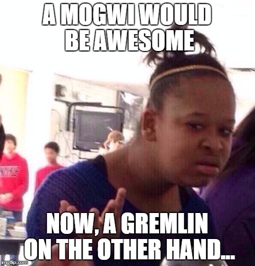 Black Girl Wat Meme | A MOGWI WOULD BE AWESOME NOW, A GREMLIN ON THE OTHER HAND... | image tagged in memes,black girl wat | made w/ Imgflip meme maker