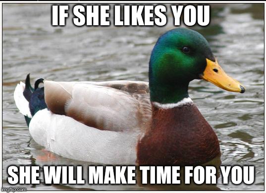 Actual Advice Mallard | IF SHE LIKES YOU; SHE WILL MAKE TIME FOR YOU | image tagged in memes,actual advice mallard,AdviceAnimals | made w/ Imgflip meme maker