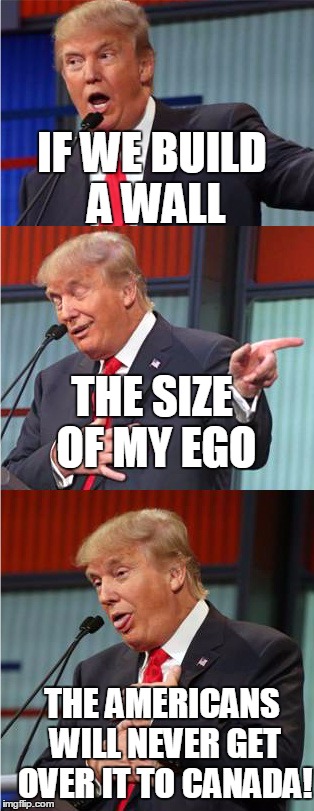 Bad Pun Trump | IF WE BUILD A WALL; THE SIZE OF MY EGO; THE AMERICANS WILL NEVER GET OVER IT TO CANADA! | image tagged in bad pun trump | made w/ Imgflip meme maker