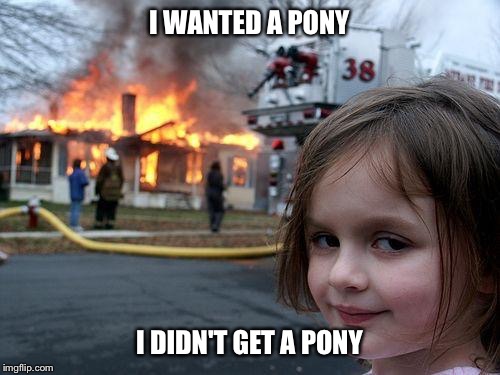 Disaster Girl | I WANTED A PONY; I DIDN'T GET A PONY | image tagged in memes,disaster girl | made w/ Imgflip meme maker
