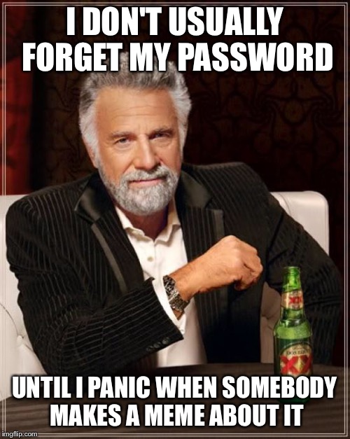 The Most Interesting Man In The World Meme | I DON'T USUALLY FORGET MY PASSWORD UNTIL I PANIC WHEN SOMEBODY MAKES A MEME ABOUT IT | image tagged in memes,the most interesting man in the world | made w/ Imgflip meme maker