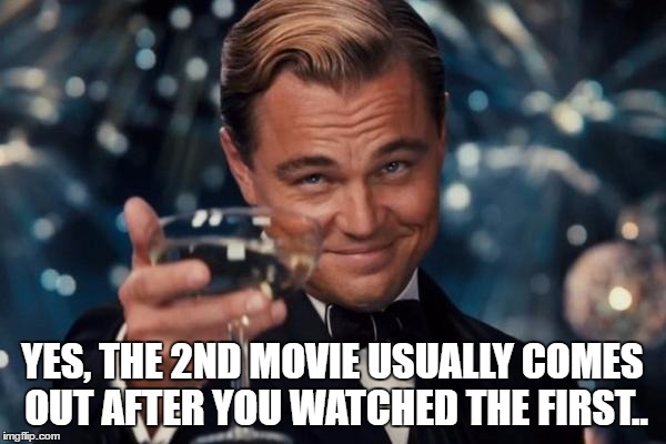 Leonardo Dicaprio Cheers Meme | YES, THE 2ND MOVIE USUALLY COMES OUT AFTER YOU WATCHED THE FIRST.. | image tagged in memes,leonardo dicaprio cheers | made w/ Imgflip meme maker