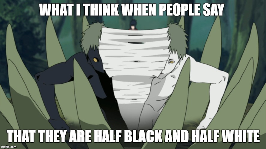 Half Black and Half White | WHAT I THINK WHEN PEOPLE SAY; THAT THEY ARE HALF BLACK AND HALF WHITE | image tagged in naruto,naruto shippuden,black,white,funny | made w/ Imgflip meme maker