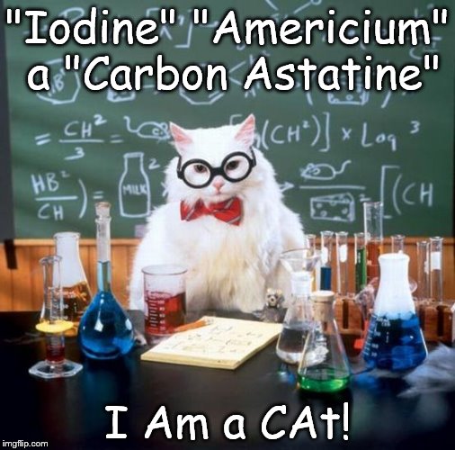 Chemistry Cat | "Iodine" "Americium" a "Carbon Astatine"; I Am a CAt! | image tagged in memes,chemistry cat,elements,carbon,iodine,americium | made w/ Imgflip meme maker