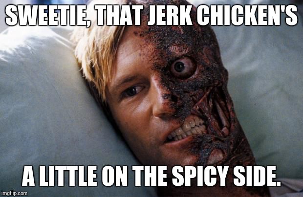 Harvey Dent | SWEETIE, THAT JERK CHICKEN'S; A LITTLE ON THE SPICY SIDE. | image tagged in harvey dent | made w/ Imgflip meme maker
