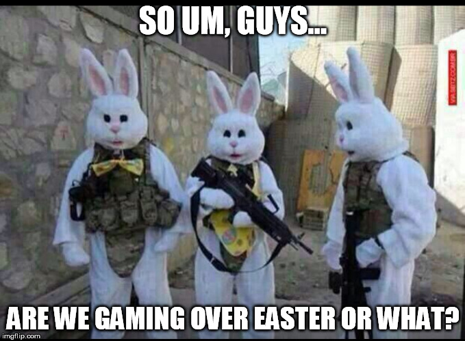 SO UM, GUYS... ARE WE GAMING OVER EASTER OR WHAT? | image tagged in easter bunny tatical | made w/ Imgflip meme maker