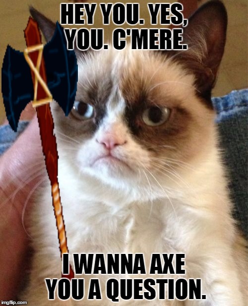 Grumpy Cat Meme | HEY YOU. YES, YOU. C'MERE. I WANNA AXE YOU A QUESTION. | image tagged in memes,grumpy cat | made w/ Imgflip meme maker