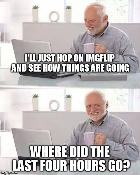 My name is Looney... and I'm a meme-oholic. | I'LL JUST HOP ON IMGFLIP AND SEE HOW THINGS ARE GOING; WHERE DID THE LAST FOUR HOURS GO? | image tagged in memes,hide the pain harold | made w/ Imgflip meme maker