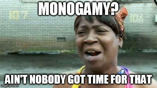 Ain't Nobody Got Time For That Meme | MONOGAMY? AIN'T NOBODY GOT TIME FOR THAT | image tagged in memes,aint nobody got time for that | made w/ Imgflip meme maker