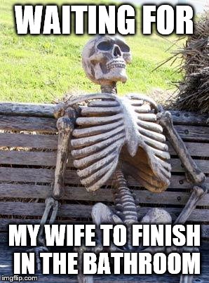 Waiting Skeleton | WAITING FOR; MY WIFE TO FINISH IN THE BATHROOM | image tagged in memes,waiting skeleton | made w/ Imgflip meme maker