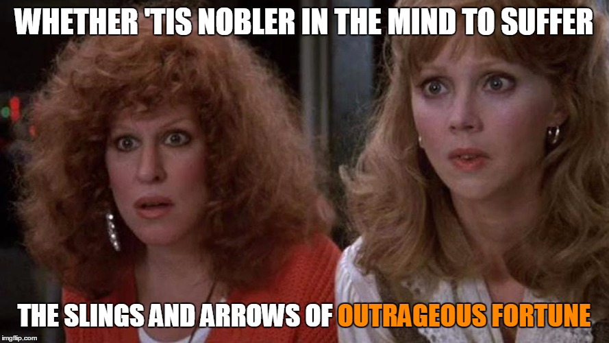 WHETHER 'TIS NOBLER IN THE MIND TO SUFFER THE SLINGS AND ARROWS OF OUTRAGEOUS FORTUNE OUTRAGEOUS FORTUNE | made w/ Imgflip meme maker