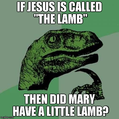Philosoraptor | IF JESUS IS CALLED "THE LAMB"; THEN DID MARY HAVE A LITTLE LAMB? | image tagged in memes,philosoraptor | made w/ Imgflip meme maker