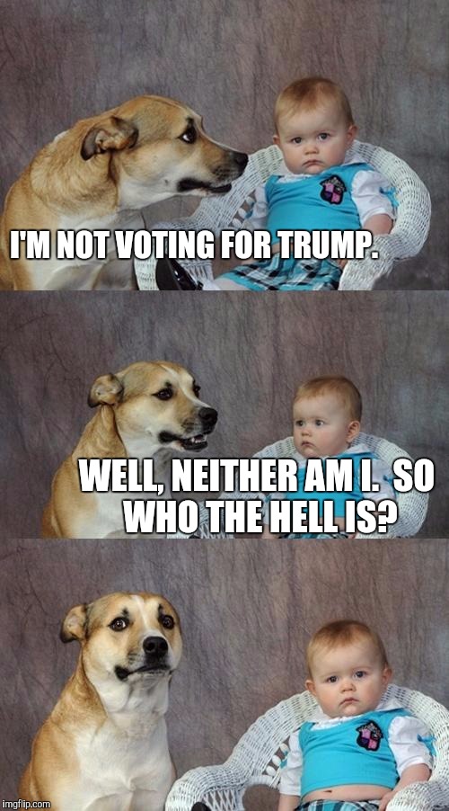 Dad Joke Dog Meme | I'M NOT VOTING FOR TRUMP. WELL, NEITHER AM I.

SO WHO THE HELL IS? | image tagged in memes,dad joke dog | made w/ Imgflip meme maker