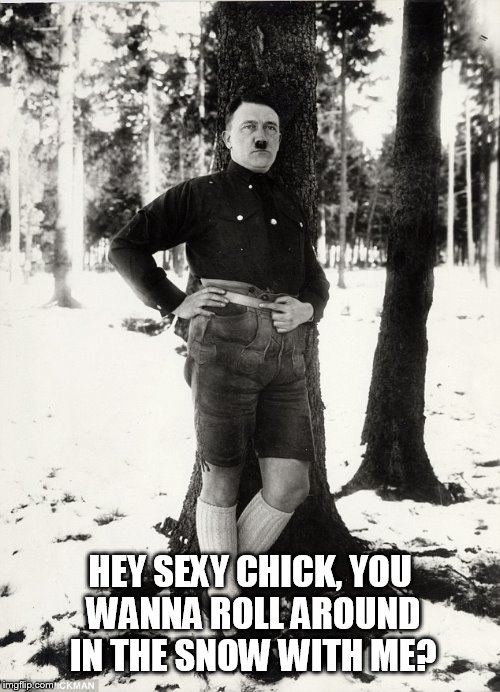 Sexy Hitler | HEY SEXY CHICK, YOU WANNA ROLL AROUND IN THE SNOW WITH ME? | image tagged in hitler | made w/ Imgflip meme maker