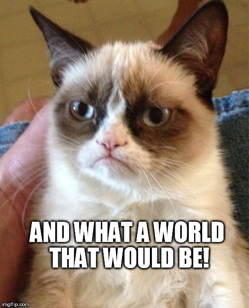 Grumpy Cat Meme | AND WHAT A WORLD THAT WOULD BE! | image tagged in memes,grumpy cat | made w/ Imgflip meme maker