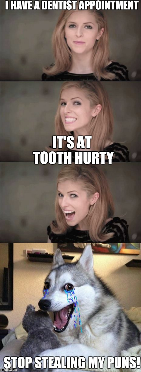 Bad Pun Anna makes Bad Pun Dog cry |  I HAVE A DENTIST APPOINTMENT; IT'S AT TOOTH HURTY; STOP STEALING MY PUNS! | image tagged in bad pun anna makes bad pun dog cry | made w/ Imgflip meme maker