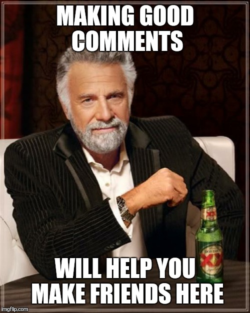 The Most Interesting Man In The World Meme | MAKING GOOD COMMENTS WILL HELP YOU MAKE FRIENDS HERE | image tagged in memes,the most interesting man in the world | made w/ Imgflip meme maker