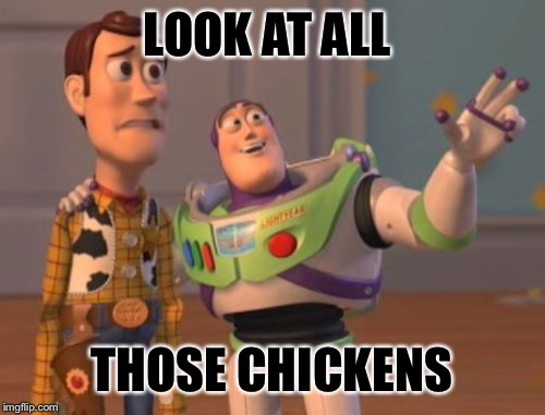 X, X Everywhere | LOOK AT ALL; THOSE CHICKENS | image tagged in memes,x x everywhere | made w/ Imgflip meme maker