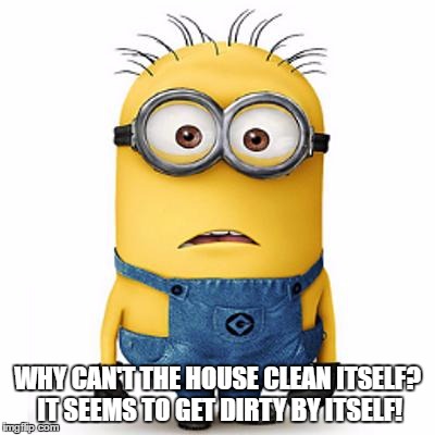 Minions | WHY CAN'T THE HOUSE CLEAN ITSELF? IT SEEMS TO GET DIRTY BY ITSELF! | image tagged in minions | made w/ Imgflip meme maker