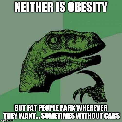 Philosoraptor Meme | NEITHER IS OBESITY BUT FAT PEOPLE PARK WHEREVER THEY WANT... SOMETIMES WITHOUT CARS | image tagged in memes,philosoraptor | made w/ Imgflip meme maker