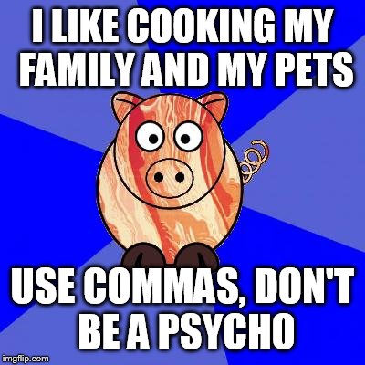 Self-Endangerment Pig | I LIKE COOKING MY FAMILY AND MY PETS; USE COMMAS, DON'T BE A PSYCHO | image tagged in self-endangerment pig | made w/ Imgflip meme maker