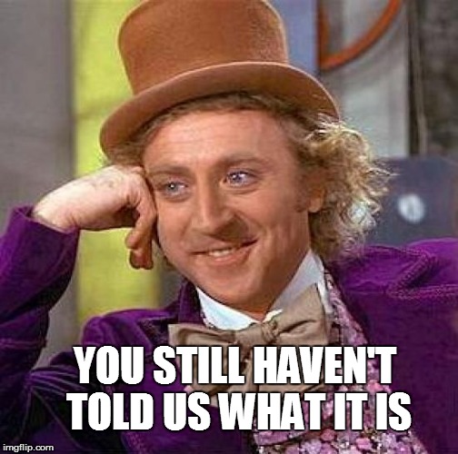 Creepy Condescending Wonka Meme | YOU STILL HAVEN'T TOLD US WHAT IT IS | image tagged in memes,creepy condescending wonka | made w/ Imgflip meme maker