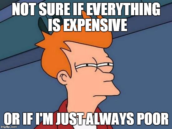 Futurama Fry | NOT SURE IF EVERYTHING IS EXPENSIVE; OR IF I'M JUST ALWAYS POOR | image tagged in memes,futurama fry | made w/ Imgflip meme maker