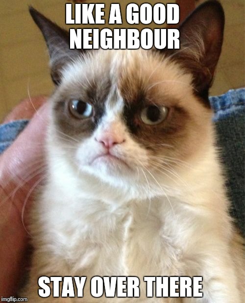 Grumpy Cat Meme | LIKE A GOOD NEIGHBOUR; STAY OVER THERE | image tagged in memes,grumpy cat | made w/ Imgflip meme maker