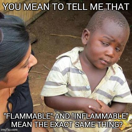 Third World Skeptical Kid Meme | YOU MEAN TO TELL ME THAT; "FLAMMABLE" AND "INFLAMMABLE" MEAN THE EXACT SAME THING? | image tagged in memes,third world skeptical kid | made w/ Imgflip meme maker