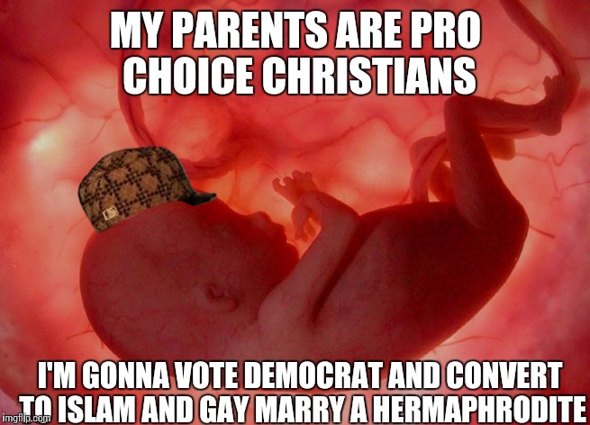 fetus | MY PARENTS ARE PRO CHOICE CHRISTIANS; I'M GONNA VOTE DEMOCRAT AND CONVERT TO ISLAM AND GAY MARRY A HERMAPHRODITE | image tagged in fetus,scumbag | made w/ Imgflip meme maker